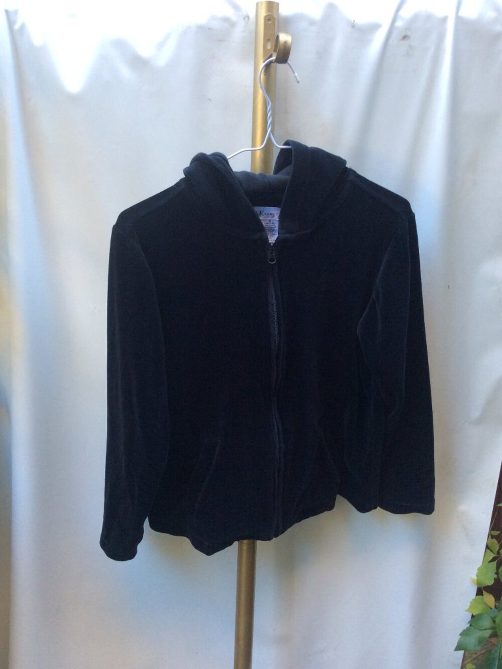 Anne Klein Black Velour Zip Up Hooded Jacket Size S